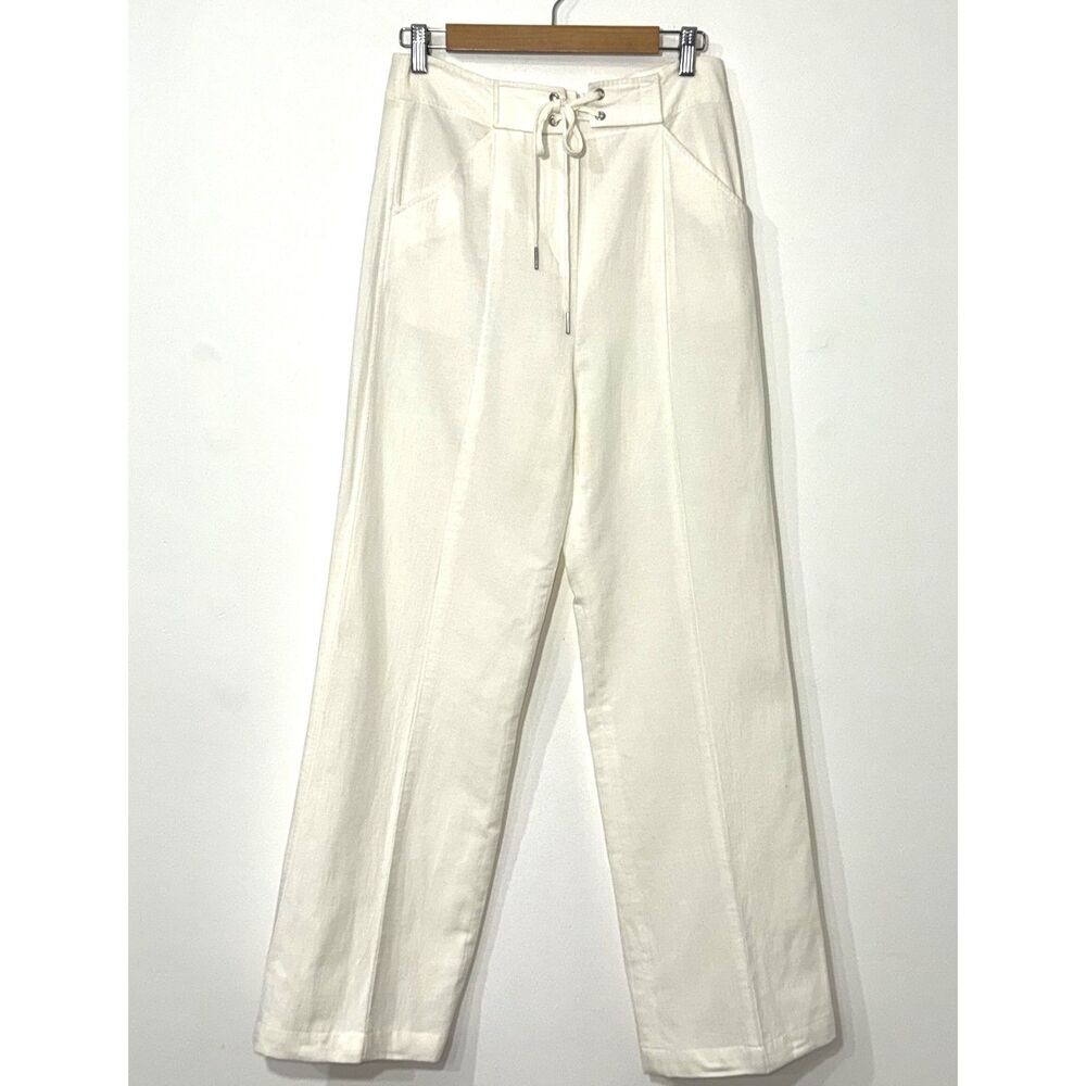 A.L.C. Archie Cotton/Linen Pintucked Lace Up Front Pant - Ivory 8